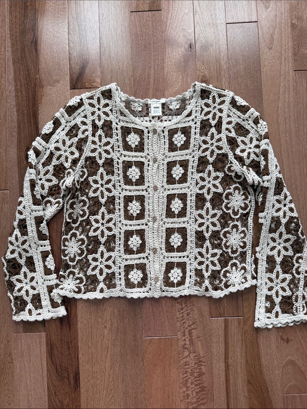 Beautiful 100% cotton crochet granny square open work knit cardigan sweater M